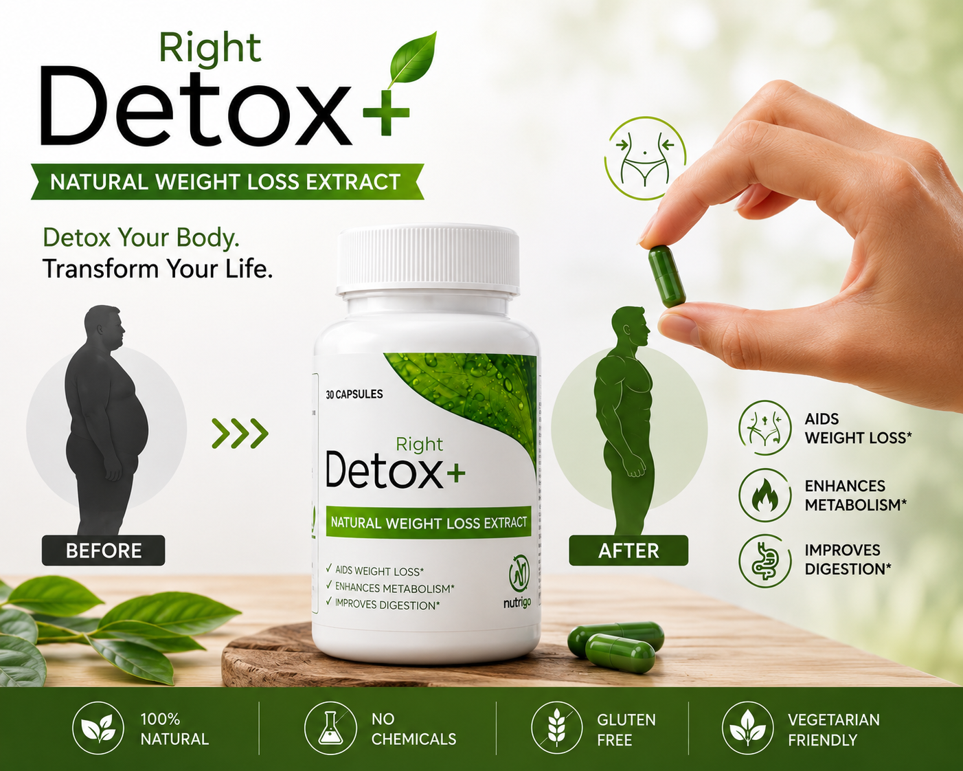 Detox Right by Nutright | 100% Organic & Plant-Based Formula | Daily Detox & Premium Herbal Support